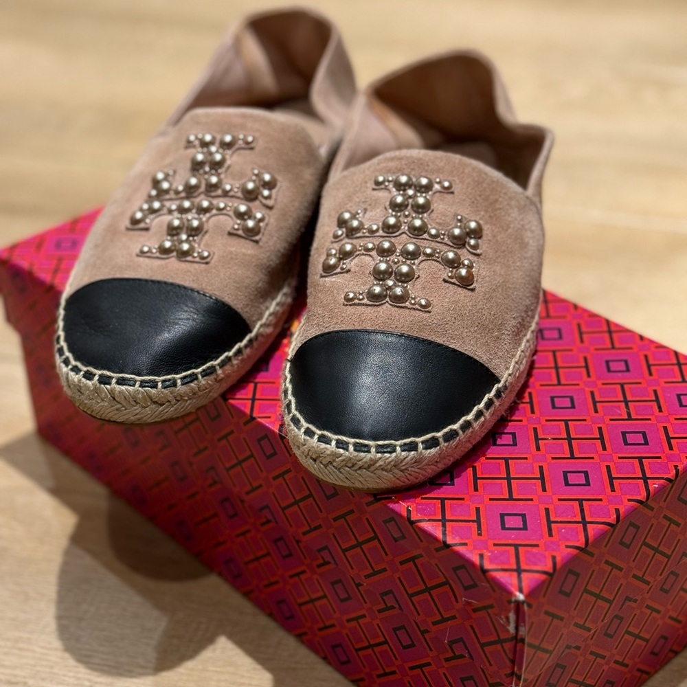 Tory Burch Suede Pearl Logo Flat Espadrilles with Black Toe